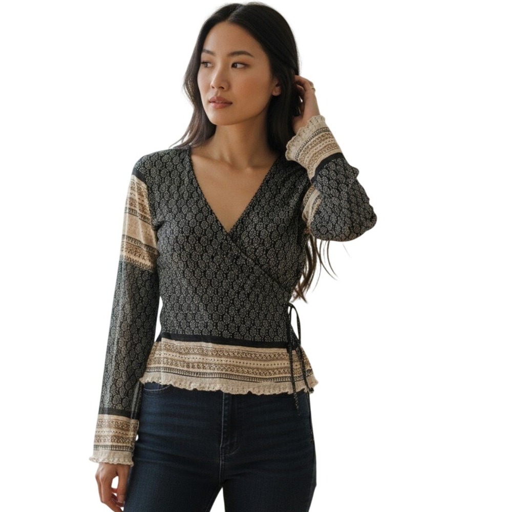 Vol 1 Women's Black Paisley Print Blouse Y2K Wrap Long Sleeve Bell Sleeve Top L
